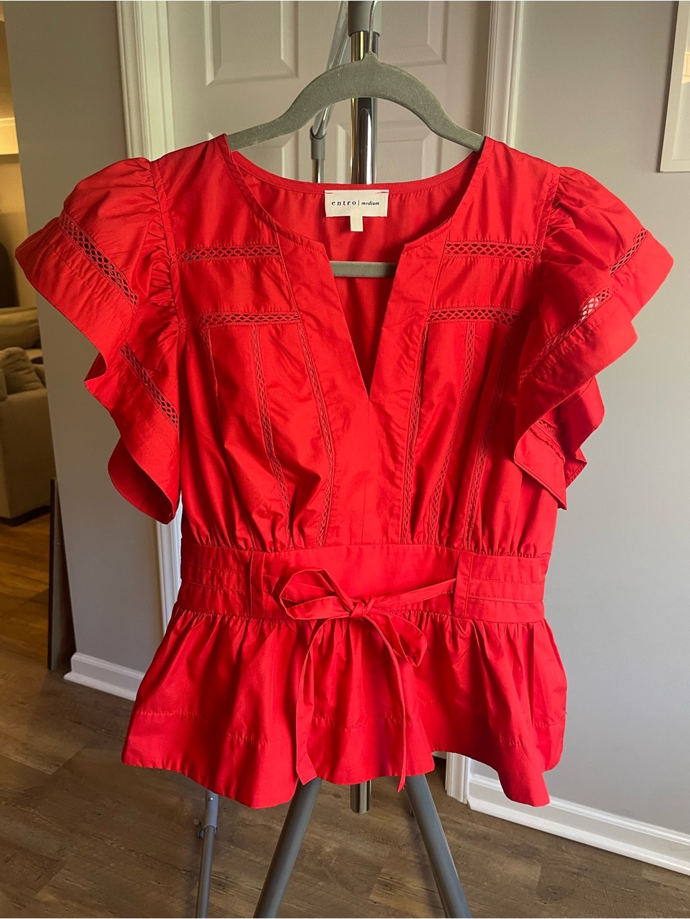 entro Red Ruffled Peplum Tie-Waist Top